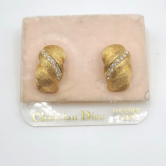 Vintage Christian Dior Earrings Rhinestone Half Hoops Signed Heavy - Picture 1 of 12